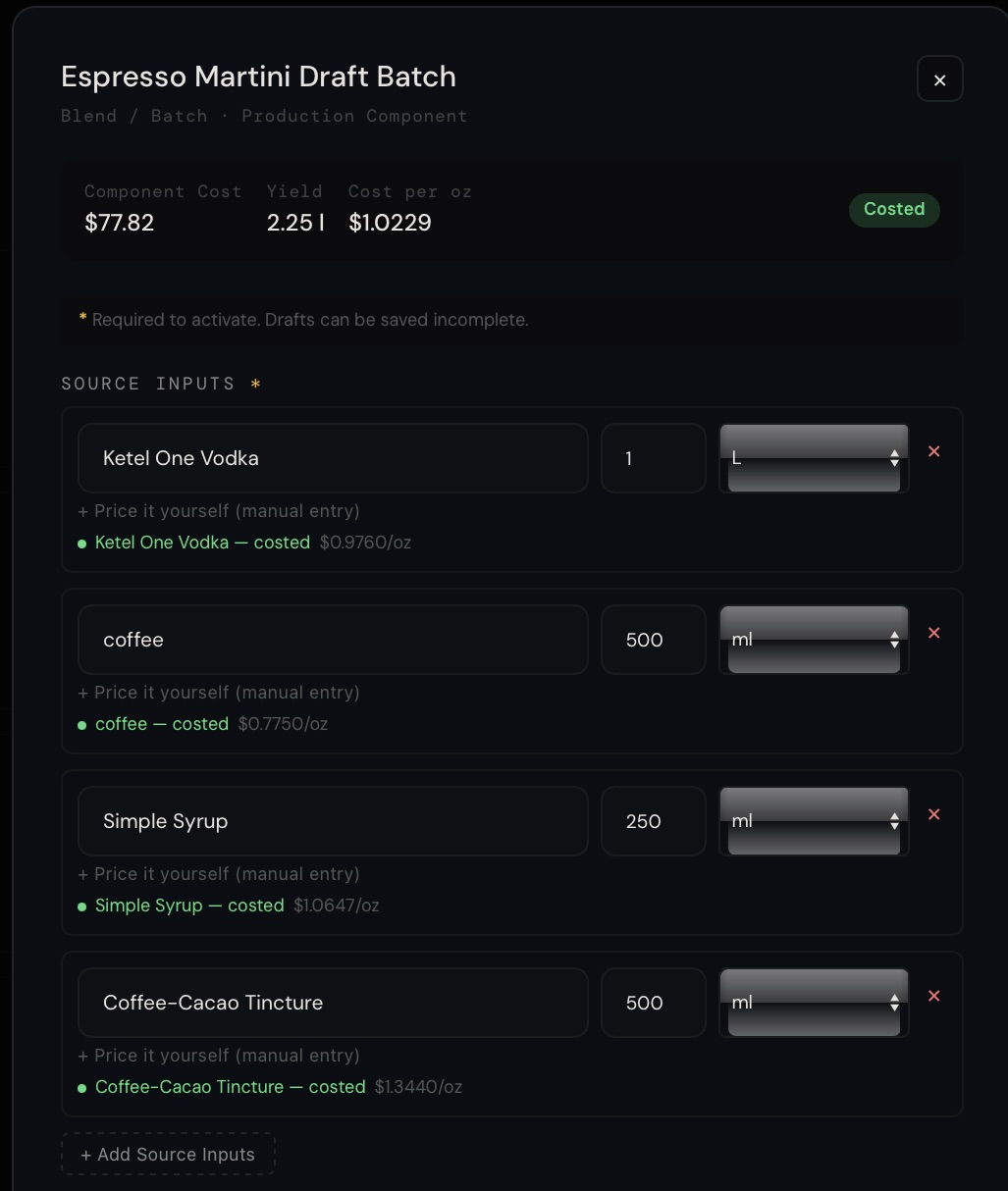 Lab blend and batch costing